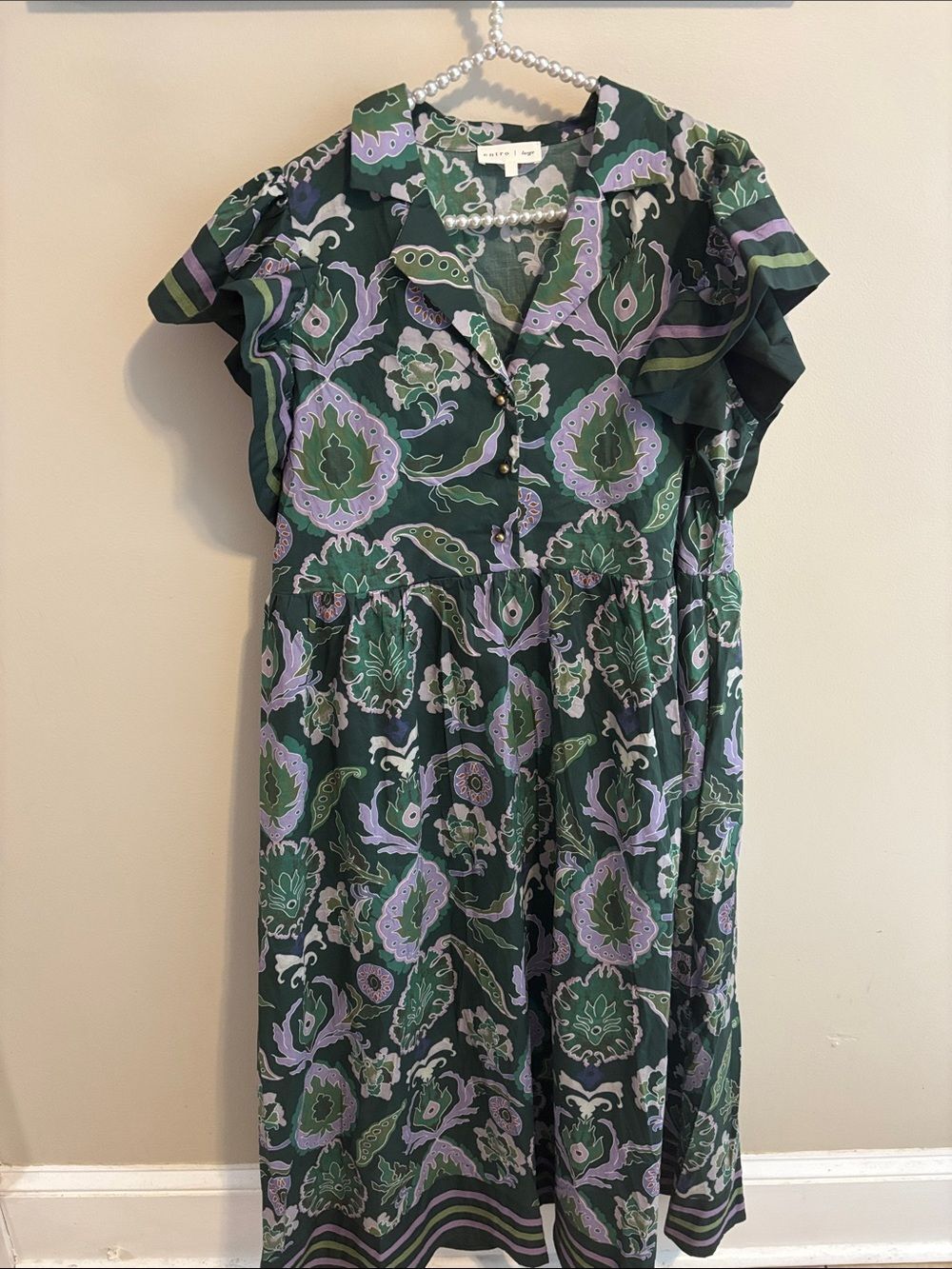 Entro Multi Print Cotton Midi Dress L Green Paisley Flutter Sleeve d27331 - Picture 2 of 7